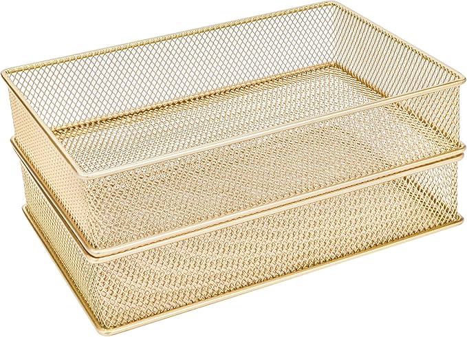 Annova Mesh Stackable Drawer Cabinet and Shelf Organizer Bins Storage Basket School Office Supply Holder Tray- Set of 2 (Gold, 6x9x2 Inch)-NeatNest