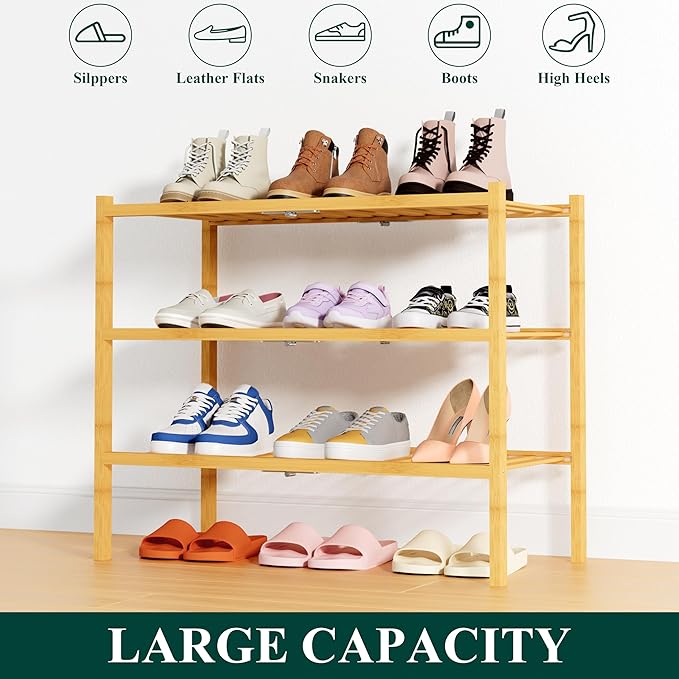 Smiry Shoe Rack, 3 Tier Thick Bamboo Shoe Organizer, Stackable Free Standing Wooden Shoe Storage Shelf for Closet, Entryway, Front Door Entrance, Natural-NeatNest