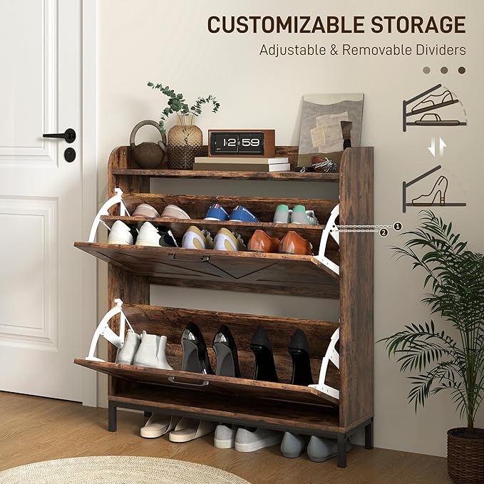 HOMCOM Shoe Storage Cabinet with 2 Flip Drawers, Legs, Farmhouse Freestanding Narrow Shoe Cabinet, Slim Hidden Rack Organizer for Entryway, Hallway, Rustic Brown Wood Grain-NeatNest
