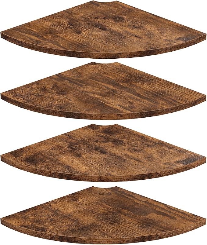 Homode Corner Wall Shelf, 12 Inch Wide Round Corner Floating Shelves with Cord Hole, Set of 4 Wooden Hanging Storage Shelving for Bathroom Living Room Small Spaces, Rustic Brown