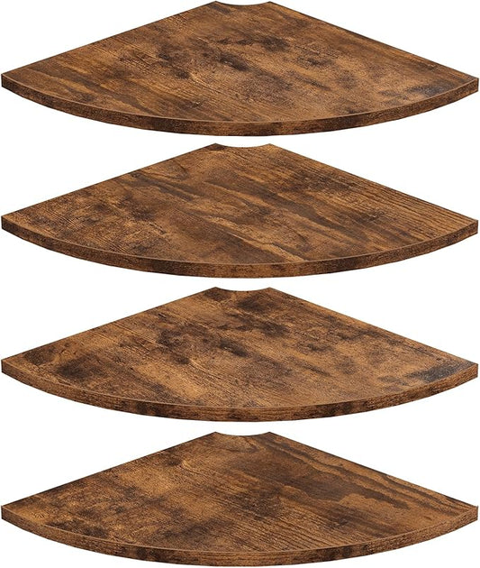 Homode Corner Wall Shelf, 12 Inch Wide Round Corner Floating Shelves with Cord Hole, Set of 4 Wooden Hanging Storage Shelving for Bathroom Living Room Small Spaces, Rustic Brown