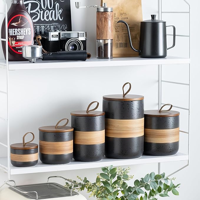 Coffee Container Jar with Lid, Ceramic Kitchen Food Storage Jars for Spice Sugar Cookie, Stackable Decorative Jars for Coffee Bar, Black & 28oz-NeatNest