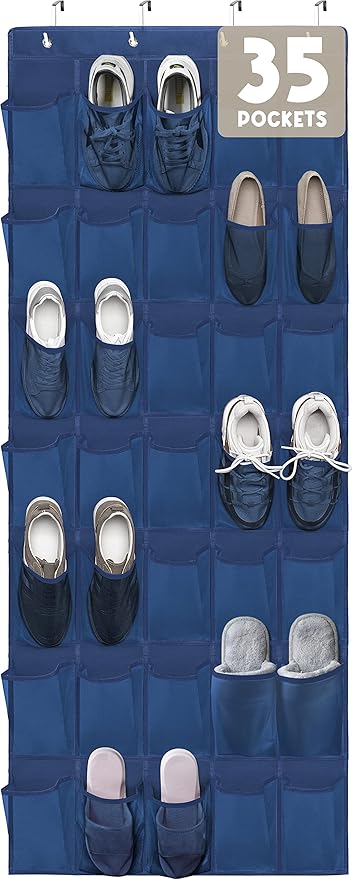 Over The Door Shoe Organizers 35 Mesh Pockets Hanging Shoe Organizer Shoe Rack For Door Closet Entryway Bedroom Bathroom Pantry - Shoe Holder Hanger For Sneakers, Women High Heeled Shoes Blue-NeatNest