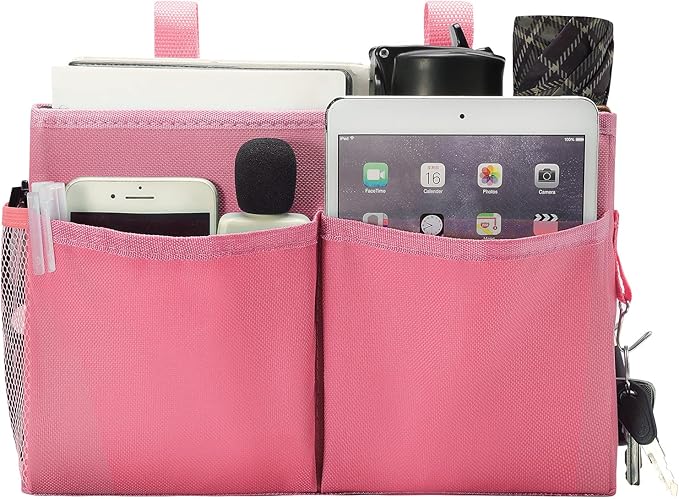 Bunk Bed Organizer, Bedside Caddy Hanging Bed Organizer Storage Bag with 4 Pockets and 2 Hooks, for College Dorm Rooms Bed, Hospital Bed, Baby Bed Rails, 600D Oxford Cloth (Pink)-NeatNest