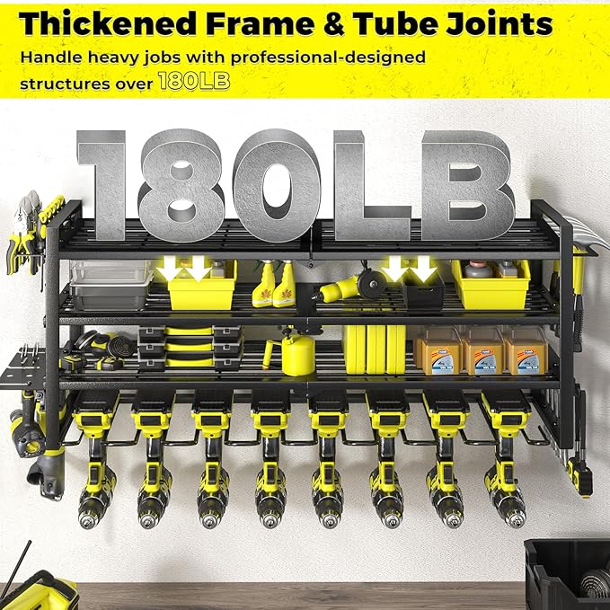 KAFAHOM Power Tool Organizer-8 Drill Holder Wall Mount，Tool Organizer and Storage rack for Garage Organization， Heavy Duty Metal Tool Shelf with Air tool/Screwdriver/Hammer/Plier Holder