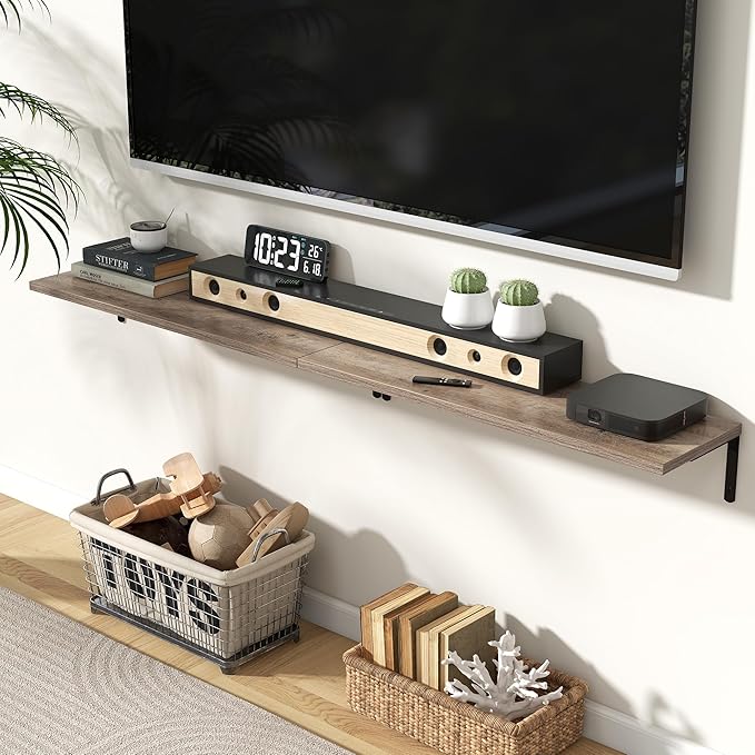 Fun Memories Deep Floating Shelves, 32W x 8D Floating Shelves Set of 2, Wall Mounted Shelf with Metal Brackets, Rustic Wood Wall Shelf for Bathroom, Kitchen and Living Room, Grey-NeatNest
