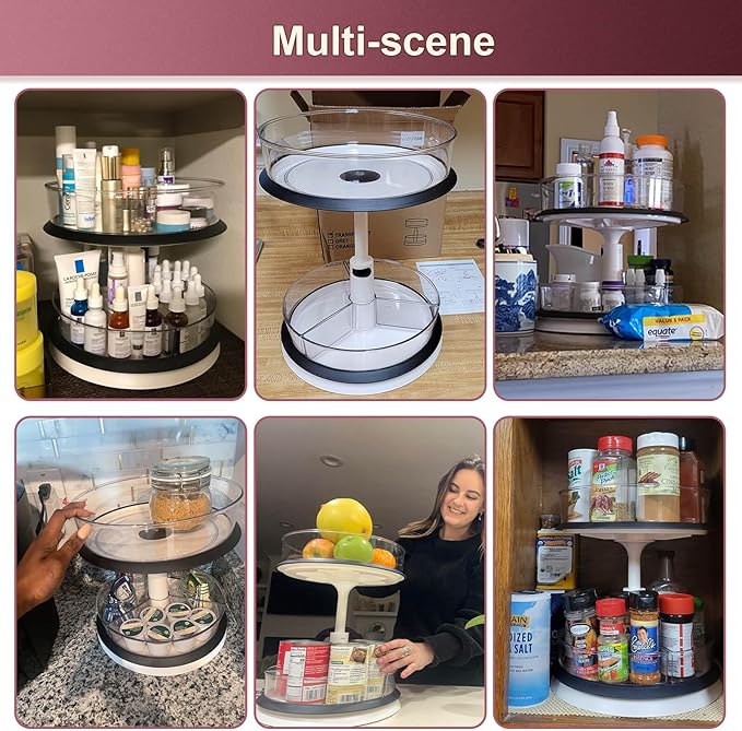 2 Tier Lazy Susan Organizer Clear Turntable for Cabinet Bathroom Countertop and Pantry with Large Spice Rack (11 Inch, White)-NeatNest