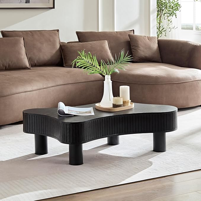 kevinplus 42.52'' Black Wood Coffee Table Modern Coffee Table for Living Room, Contemporary Irregular Drum Curved Handcraft Coffee Table with Strong Legs, Easy Assembly, Black