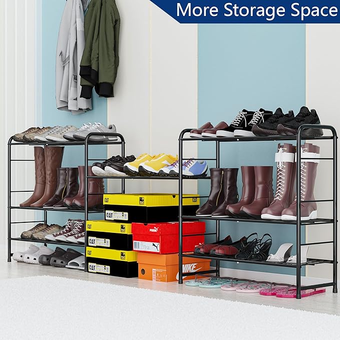 REGILLER 4-Tier Stackable Shoe Rack, Expandable & Adjustable Shoe Organizer Storage Shelf, High Capacity, Wire Grid, Black-NeatNest
