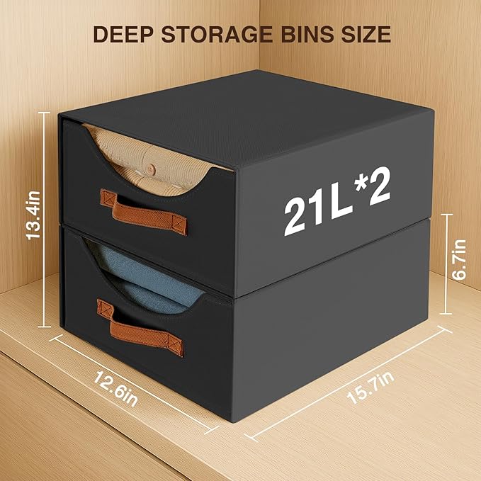 Closet Organizers and Storage - Large Stackable Storage Bins with Drawer, Fabric Bins for Organization, Collapsible Storage Drawers Organizer for Bedroom, Living Room, 4 Pack, Black-NeatNest