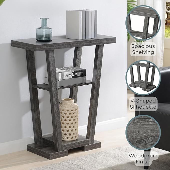 Convenience Concepts Newport V Console Modern Sofa Storage Shelves, Narrow Entryway Hall Living Room, Display Accent Table, 31.5", Weathered Gray-NeatNest