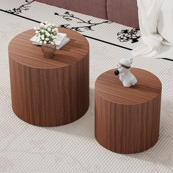 Round Coffee Table Set of 2 Modern Nesting Coffee Tables Wooden Drum Coffee Tables with Non-Slip Feet, Circle Nesting Tables End Table for Living Room Office, No Assembly (Dark Wood 18.11"+14.57")