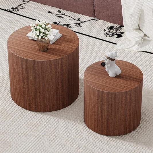 Round Coffee Table Set of 2 Modern Nesting Coffee Tables Wooden Drum Coffee Tables with Non-Slip Feet, Circle Nesting Tables End Table for Living Room Office, No Assembly (Dark Wood 18.11"+14.57")