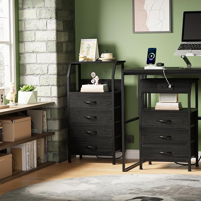 Furnulem Night Stand with Charging Station, 28.3 Inch Tall Side Table with Fabric Drawers and Storage Shelf, Bedside Table with USB Ports & Outlets, Nightstand for Bedroom, 3 Ways to Use, Black Oak