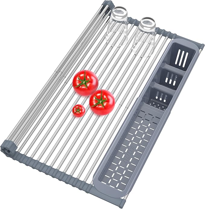 BBXTYLY Stainless Steel Extra Large Gray Drying Rack, Over The Sink, Expandable Roll Up Kitchen Drainer, Includes Removable Utensil Holder (13.6''-25.1'')