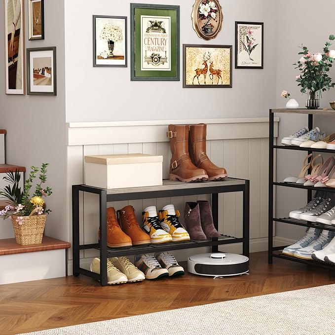 HOMEFORT 2 Tiers Shoe Bench, Retro Industrial Shoe Storage Bench with Mesh Shelf and Sturdy Metal Frame, Metal Shoe Rack Bench for Hallway, Mudroom, Living Room, Washed Gray