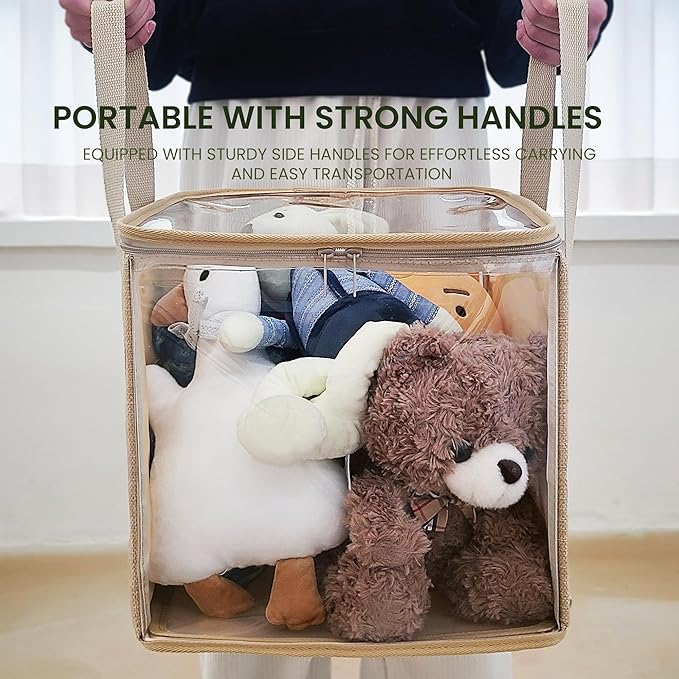 holay 2 Pack Storage Bins PVC Boxes with Transparent Lid & Handles - Durable & Foldable - Multi-Purpose Organizer for Clothes, Books, and More (Brown, Large)-NeatNest