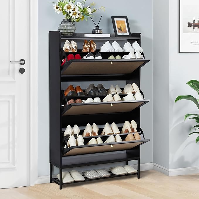 LEVNARY Shoe Storage Cabinet with 3 Flip Drawers, Freestanding Shoe Cabinet Storage Organizer for Entryway, Wooden Narrow Shoe Racks Cabinet with Metal Legs for Hallway (Black)-NeatNest