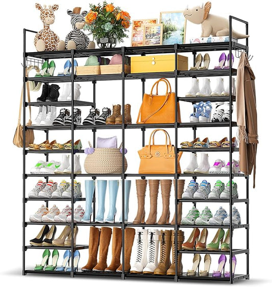Kottwca 4 Row 10 Tier Large Shoe Rack Organizer for Closet Entryway, 72-80 Pair Shoe Boot Storage Rack, Metal Shoe Shelf Big Vertical Stackable Shoe Stand for Bedroom Corner-NeatNest