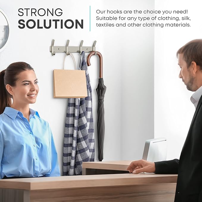 Coat Rack Wall Mount – Brushed Nickel 12 Inch Stainless Steel Hook Rail with 4 Heavy Duty Double Coat Hooks – Wall Mounted Coat Hanger for Entryway, Bathroom, Bedroom, Towel, Hat Organizer-NeatNest