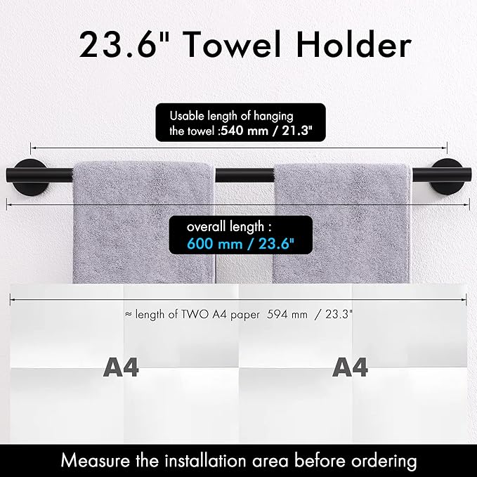 KES 21.3 Inches Matte Black Towel Bar for Bathroom Kitchen Hand Towel Holder Dish Cloths Hanger Towel Rack SUS304 Stainless Steel RUSTPROOF Wall Mount, Total Length 23.6 Inch, A2000S60-BK