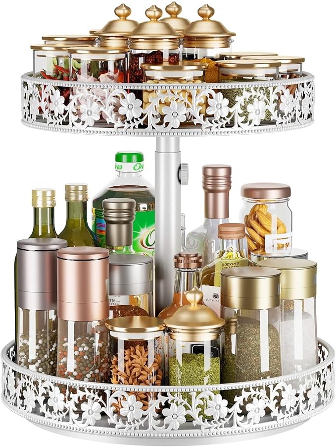 2 Tier Lazy Susan Organizer Turntable Adjustable,12 Inch Two Tier Lazy Susan Metal Easy Assembly Cleaning, Rotating Spice Rack Organizer for Cabinet Dining Table Kitchen Countertop White-NeatNest