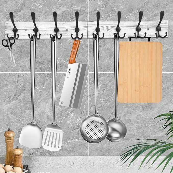 IBosins Wall Mounted Coat Rack, 31.4'' Long, Rustic Wood & Aluminum Coat Rack with 8 Black Tri-Hooks for Coat, Bag, Towel, Key, Hat, Umbrella-NeatNest