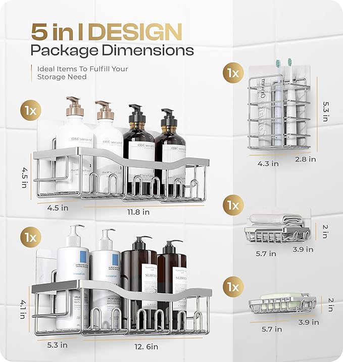 Luxury Style 5 Pack Stainless Steel Adhesive Shower Caddy Set - Rustproof Bathroom Organizer with Large Capacity Storage| No Drilling Shelves Shower Caddy Organizer | Bathroom Decor (Shiny Silver)