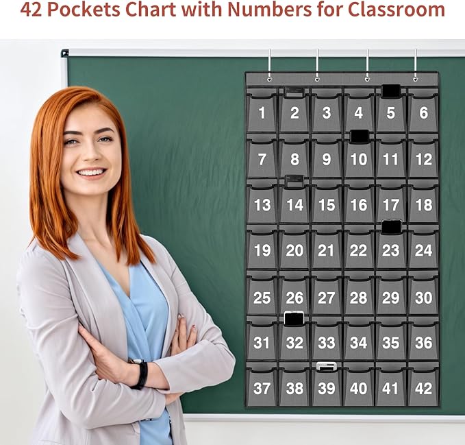 42 Pockets Numbered Classroom Pocket Chart for Cell Phones, Hanging Pocket Chart Storage for Classroom Phone Calculator Holder with 4 Hooks and 42 Clear Numbers Printing (Grey-42pockets)-NeatNest