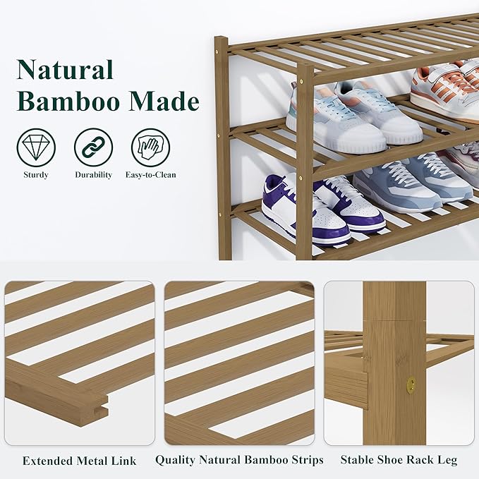 Smiry Shoe Rack, 3 Tier Thick Bamboo Shoe Organizer, Stackable Free Standing Wooden Shoe Storage Shelf for Closet, Entryway, Front Door Entrance, Walnut-NeatNest