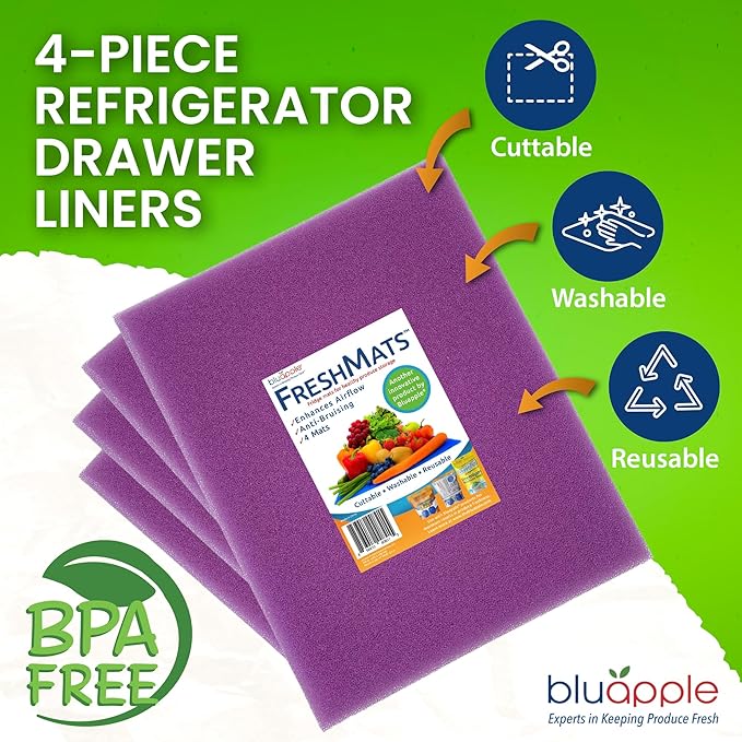 Bluapple FreshMats, Refrigerator Liner, Fridge Drawer Mats, Crisper Life Extender Liner Keeps Produce Fresh Longer, Anti-Bruising, Helps Air Circulation, Washable & Reusable (4-Mats, 12x15, Lavender)-NeatNest