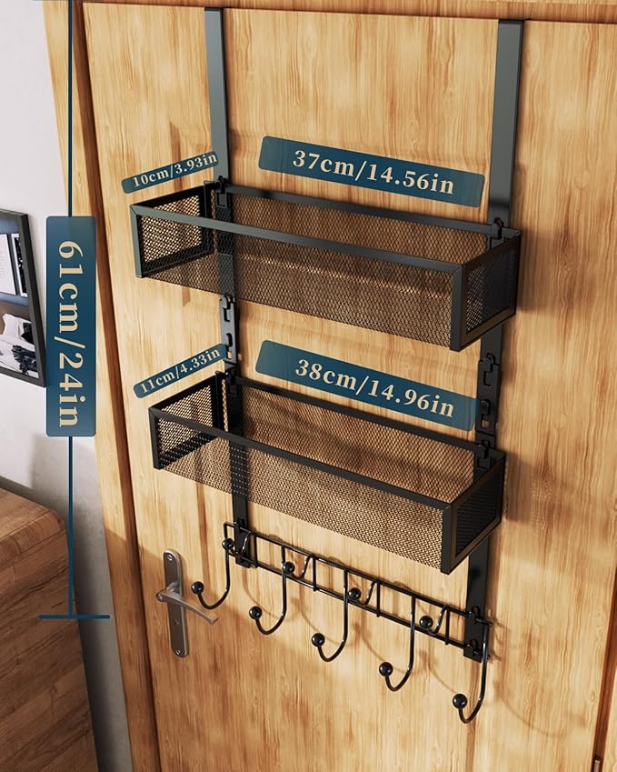 Consumest Over The Door Hooks Organizer - Extra Long Door Hanger with 9 Coat Hooks & 2 Mesh Basket, Back Storage Organizer Hanging Towels for Bathroom, Bedroom, Black (for 1.76 in Doors)