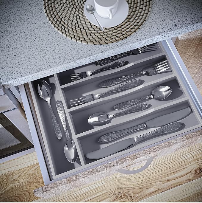 Greenual Gray Silverware Organizer 10 In Utensil Organizer Silverware Tray for Drawer Cutlery Flatware Organizer for Kitchen Bamboo Wood-NeatNest