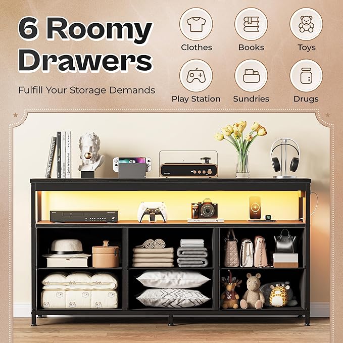 Huuger LED TV Stand for Bedroom, 47 Inch Dresser TV Stand for 43, 50, 55 Inch TV, Black TV Stand with Storage, Entertainment Center with Power Outlets, 6 Drawer Fabric Dresser for Living Room-NeatNest