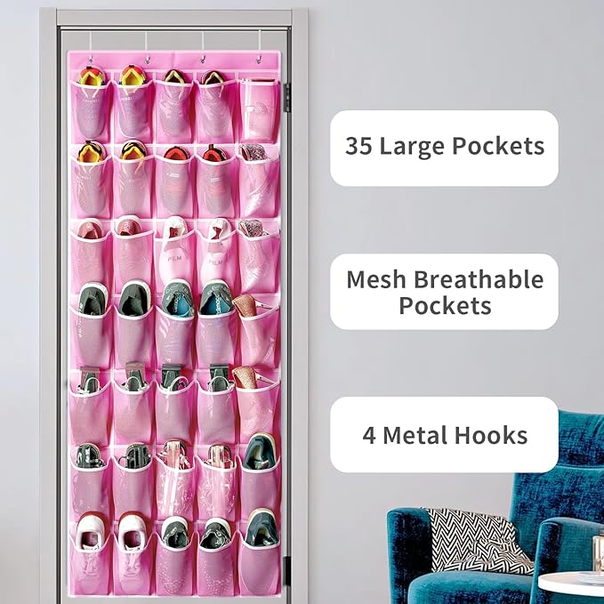 35 Pockets Over the Door Shoe Organizer, Hanging Shoe Organizer for Door with 35 Mesh Pockets Large Capacity Shoe Hanging Storage Bag with 4 Metal Hooks (Pink-1Pack)-NeatNest