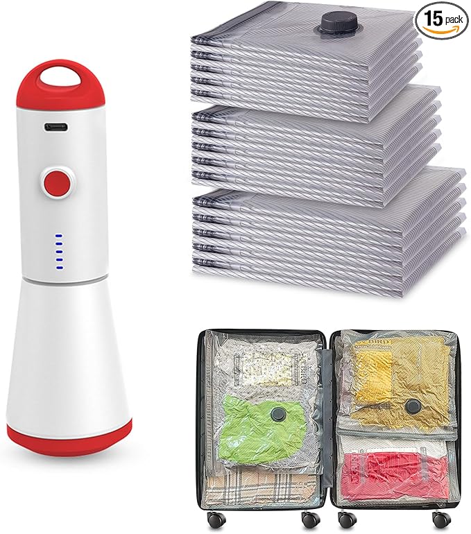 Travel Vacuum Storage Bags with Rechargeable USB Pump, 15 Pack Carry-On Size Compression Packing Bags for Luggage and Suitcase, Space Saver for Clothes and Clothing Travel-NeatNest