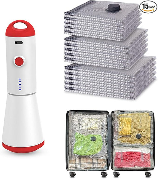 Travel Vacuum Storage Bags with Rechargeable USB Pump, 15 Pack Carry-On Size Compression Packing Bags for Luggage and Suitcase, Space Saver for Clothes and Clothing Travel-NeatNest