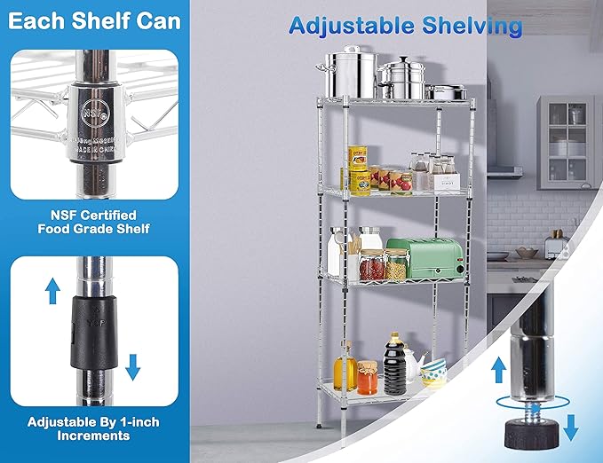 4-Tier Metal Wire Shelving Unit Kitchen Shelf Organizer Height Adjustable Storage Rack Utility Snack Shelf, NSF Certified Storage Shelves for Laundry Bathroom Kitchen Pantry Organization-NeatNest