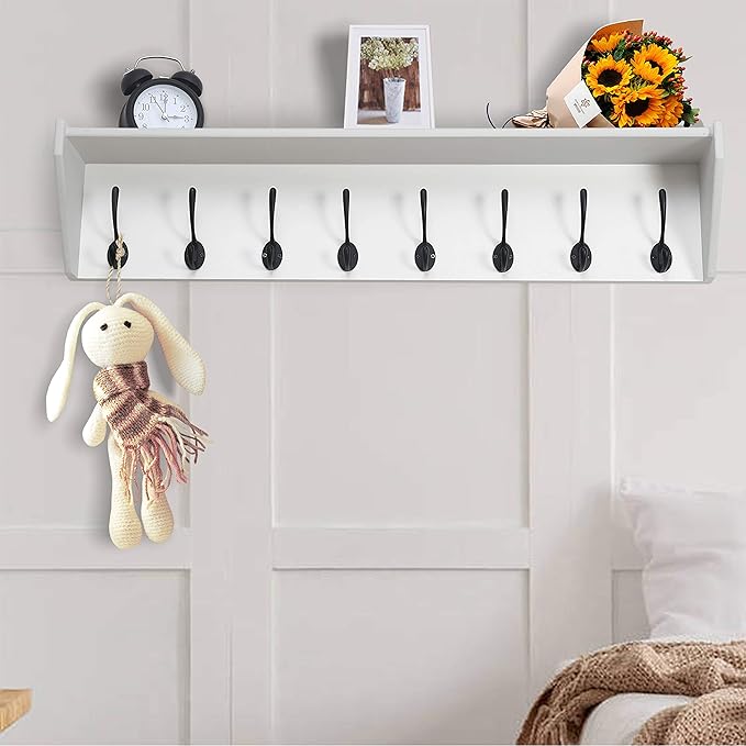 DSEAP Heavy Duty Coat Rack Wall Mount with Hooks and Shelf, Ideal for Entryway, Mudroom, Kitchen, Bathroom - White & Black