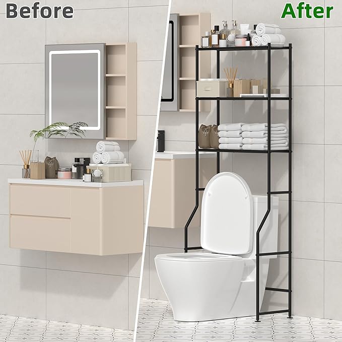 3-Tier Over The Toilet Storage, Freestanding Metal Bathroom Shelves, Space Saver Above The Over Toilet Storage Shelf for Bathroom, Black-NeatNest