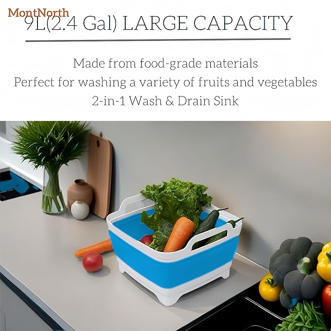 Collapsible Wash Basin 9L, Foldable Dish Tub with Drain Plug, Portable Collapsible Dish Basin, Camping Sink for Washing Dishes, Laundry & Kitchen Use (Blue)-NeatNest