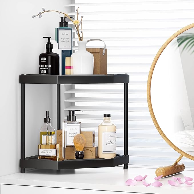 Kitchen Corner Shelf Countertop 2 Tier Bathroom Counter Organizer Cabinet Corner Storage Shelf Spice Rack Makeup Organizer Under Sink Organizer Black-NeatNest