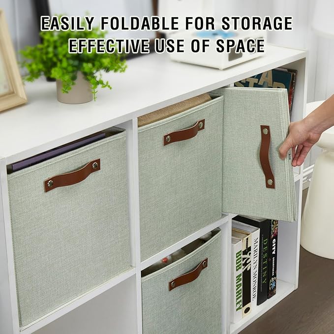 Collapsible Fabric Storage Cube Bins with 2 Reinforced PU Handles, Foldable Storage Organizer Baskets for Closet, Shelves, Living Room | 13"x13"x13", 4 Pack, Sage Green-NeatNest