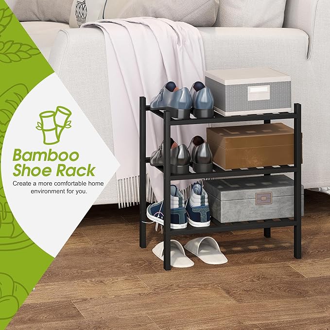 BMOSU 3-Tier Bamboo Small Shoe Rack Premium Stackable Shoe Shelf Storage Organizer for Hallway Closet Living Room Entryway Organizer (Black Bamboo)-NeatNest