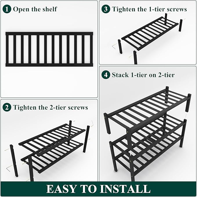 Smiry Shoe Rack, 3 Tier Thick Bamboo Shoe Organizer, Stackable Free Standing Wooden Shoe Storage Shelf for Closet, Entryway, Front Door Entrance, Black-NeatNest