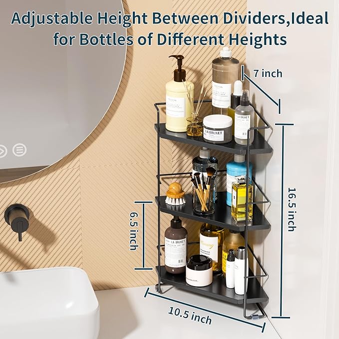 3-Tier Bathroom Organizer, Bathroom Counter Organizer, Bathroom Organizers and Storage for Bathroom, Kitchen Counter, Corner Storage Shelf for Bedroom Storage Makeup Skincare Perfume (Black)