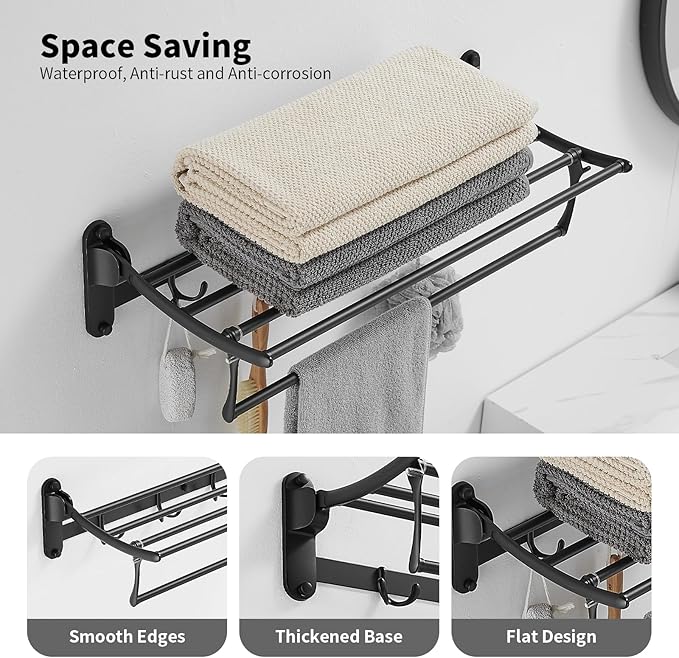 BESy 24 Inch Matte Black Towel Racks, Bathroom Towel Shelf with Foldable Towel Bar Holder and Towel Hooks, Wall Mounted Multifunctional Bathroom Accessories, Double Towel Bars-NeatNest