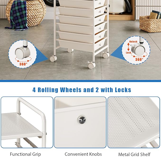 4-Tier Utility Cart with 4 Drawers, Rolling Utility Cart with 2 Lockable Caster Wheels, Multipurpose Mobile Rolling Drawer Cart for Office Bathroom Kitchen, Ivory White