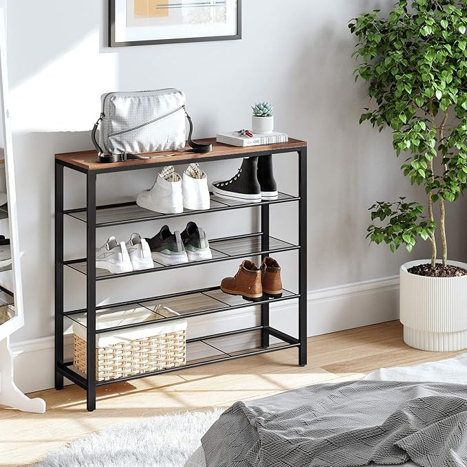 VASAGLE INDESTIC Shoe Rack, Shoe Organizer for Closet with 4 Mesh Shelves and Large Top for Bags, Entryway Hallway Shoe Shelf, Steel Frame, Industrial, Hazelnut Brown and Black ULBS015B03-NeatNest