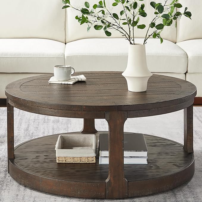 Coffee Table Round Wood Brown 40" Coffee Tables for Living Room Modern Circle Center 2-Tier Solid Desktop Minimalistic Design Accent with Shelf Storage Home Furniture Apartment Office Easy to Assemble-NeatNest